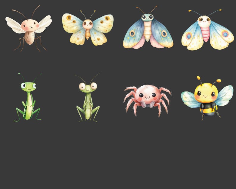 May include: A set of nine colorful cartoon illustrations of insects and bugs, including a butterfly, a bee, a spider, and a praying mantis.