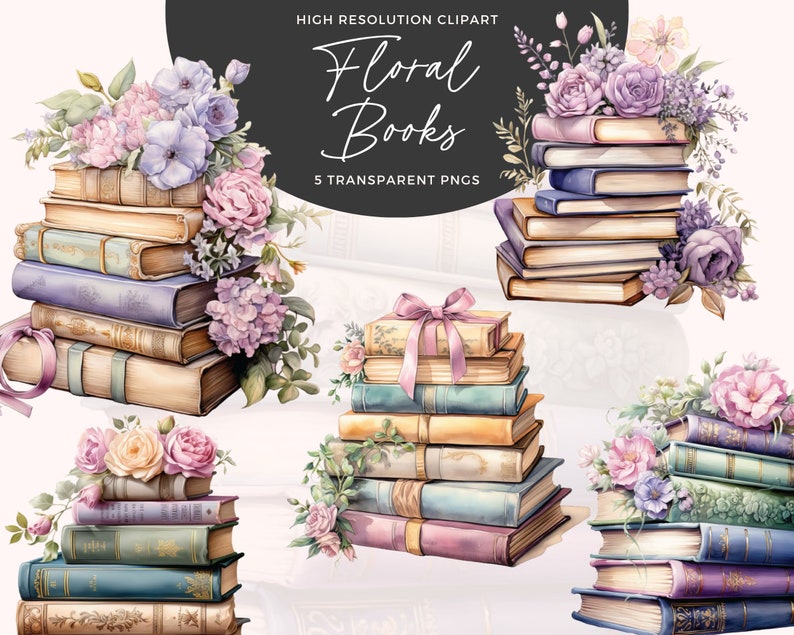 Op de afbeelding: Vijf stapels vintage boeken met bloemversieringen. Elke stapel heeft een andere opstelling van roze, paarse en witte bloemen.