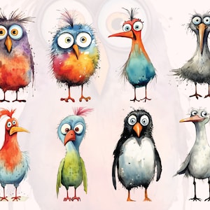 May include: A collection of eight watercolor illustrations of cartoon birds with various colors and expressions. The birds are all standing on their feet and have large eyes.