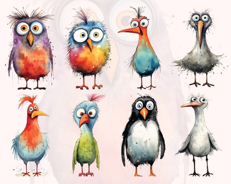 May include: A collection of eight watercolor illustrations of cartoon birds with various colors and expressions. The birds are all standing on their feet and have large eyes.