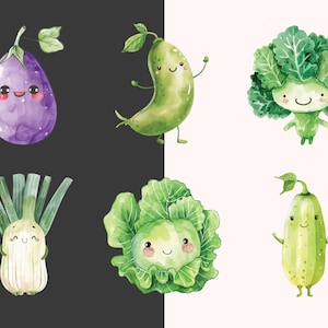Puede incluir: Seis verduras de dibujos animados con caras sonrientes. Una berenjena morada, un calabac&iacute;n verde, una col verde, una cebolla verde, un br&oacute;coli verde y un pepino verde.