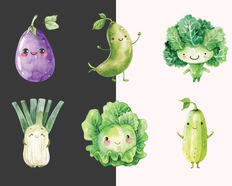 Puede incluir: Seis verduras de dibujos animados con caras sonrientes. Una berenjena morada, un calabac&iacute;n verde, una col verde, una cebolla verde, un br&oacute;coli verde y un pepino verde.