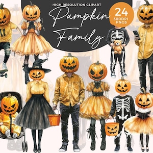 Halloween Pumpkin Family Clipart | Família Halloween PNG | Retrato de família Halloween | Clipart de Halloween em aquarela | Clipart assustador