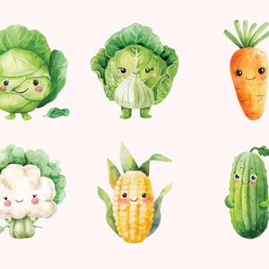 Puede incluir: Un conjunto de seis ilustraciones de acuarela de verduras de dibujos animados con caras felices. Las verduras incluyen una col verde, una coliflor verde, una lechuga verde, una mazorca de ma&iacute;z amarilla, un pepino verde y una zanahoria naranja.