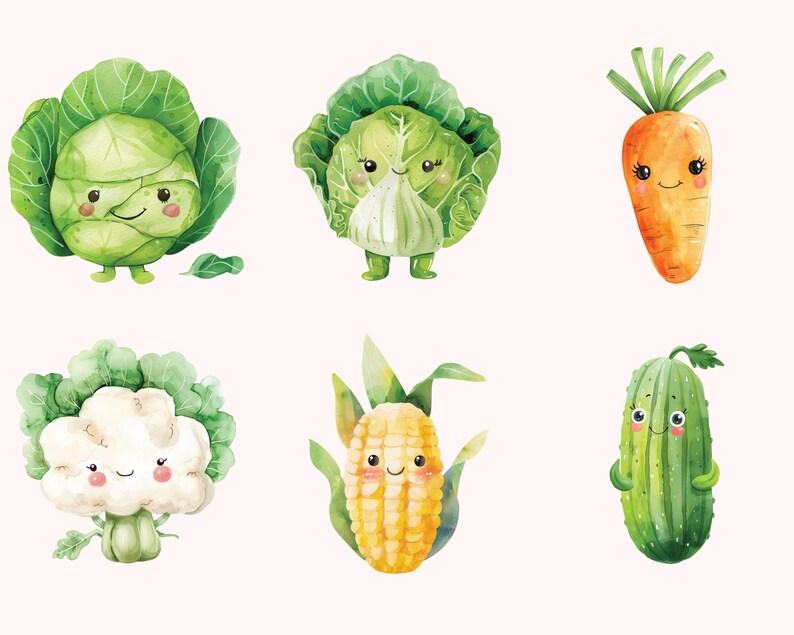 Puede incluir: Un conjunto de seis ilustraciones de acuarela de verduras de dibujos animados con caras felices. Las verduras incluyen una col verde, una coliflor verde, una lechuga verde, una mazorca de ma&iacute;z amarilla, un pepino verde y una zanahoria naranja.