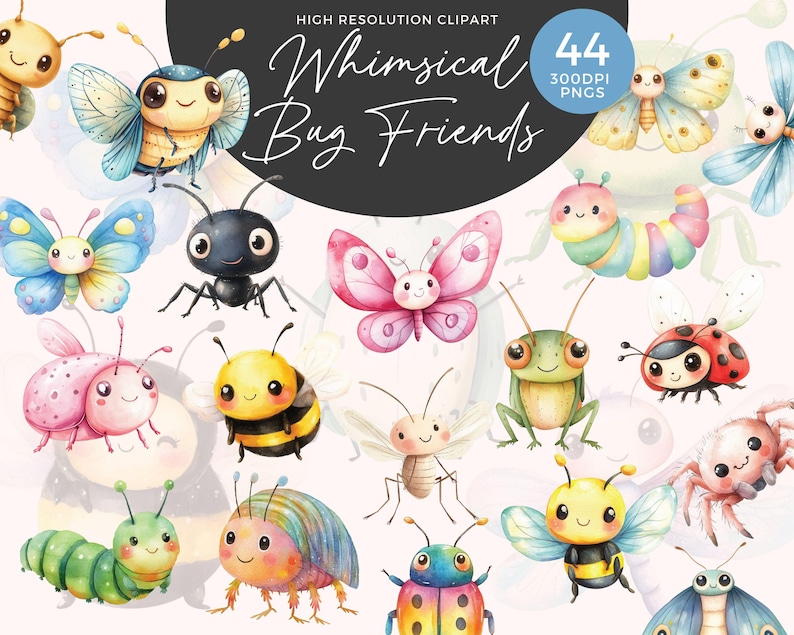 May include: A set of 44 whimsical bug illustrations in watercolor style. The bugs are colorful and feature a variety of species, including butterflies, ladybugs, bees, and ants. The illustrations are perfect for adding a touch of whimsy to any project.