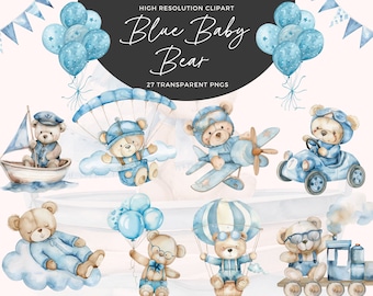 Blauer Baby Bär Aquarell Clipart | Bär Dekorationen | Bär Heißluftballon | Niedliche Teddy Clipart | Babyparty Clipart | Kinderzimmer Dekor