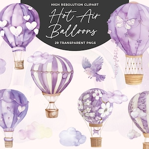 Clipart de balão de ar quente em aquarela roxo | Balões De Ar Quente Png Roxos | Gráficos de balão de ar quente | Clipart de chá de bebê | Decoração de berçário