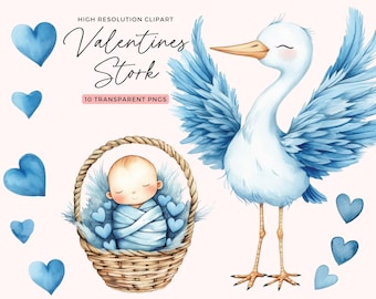 Valentine Baby Stork Clipart | Stork Baby Shower Clipart | Stork with Baby | Watercolor Stork | Nursery Decor | Junk Journal