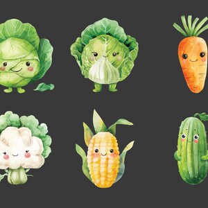 Puede incluir: Un conjunto de seis verduras de dibujos animados con caras sonrientes. Las verduras son una col verde, una coliflor verde, una lechuga verde, una mazorca de ma&iacute;z amarilla, un pepino verde y una zanahoria naranja.