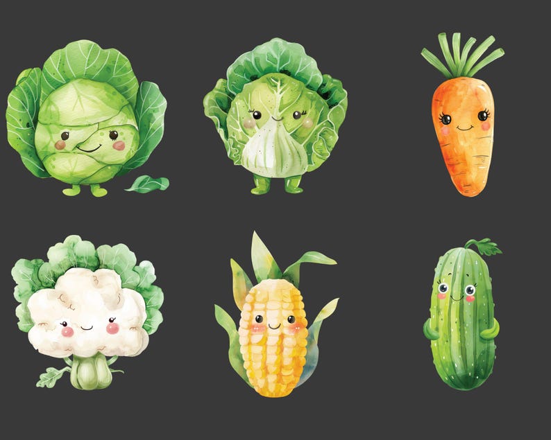 Puede incluir: Un conjunto de seis verduras de dibujos animados con caras sonrientes. Las verduras son una col verde, una coliflor verde, una lechuga verde, una mazorca de ma&iacute;z amarilla, un pepino verde y una zanahoria naranja.
