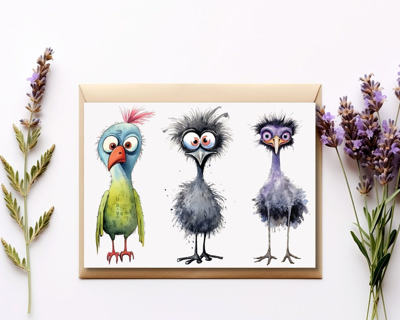 May include: A greeting card featuring three cartoon birds with large eyes. The birds are drawn in a watercolor style and have different colors and features. The card is blank inside for writing a message.