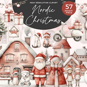 Nordische Weihnachtsmänner Dorf Clipart | Aquarell Neutral Weihnachten Clipart | Niedlicher Weihnachtsmann, Rentier, Schneemann, Elf, Kranz | Nordpol