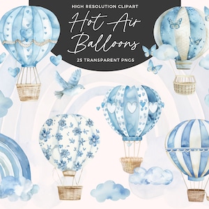 Clipart de balão de ar quente aquarela azul | Balões De Ar Quente Azul Png | Gráficos de balão de ar quente | Clipart de chá de bebê | Decoração de berçário