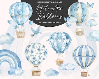 Watercolor Hot Air Balloon Clipart Blue | Blue Hot Air Balloons Png | Hot Air Balloon Graphics | Baby Shower Clipart | Nursery Decor