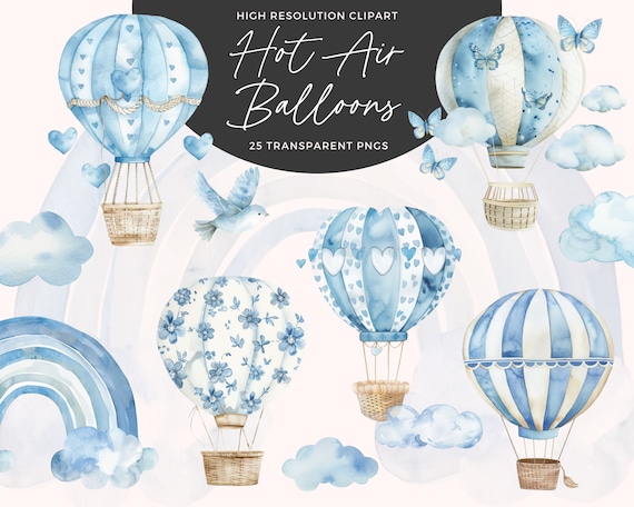 Watercolor Hot Air Balloon Clipart Blue | Blue Hot Air Balloons Png | Hot Air Balloon Graphics | Baby Shower Clipart | Nursery Decor