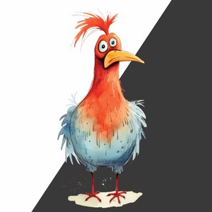 May include: A cartoon bird with red and blue feathers and large, round eyes. The bird has a long, orange beak and is standing on a white surface.