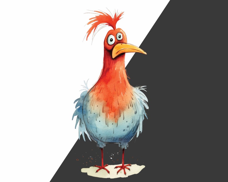 May include: A cartoon bird with red and blue feathers and large, round eyes. The bird has a long, orange beak and is standing on a white surface.