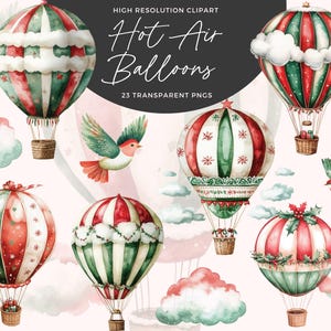 Aquarell Weihnachten Heißluftballon Clipart | Heißluftballons Png | Heißluftballon Grafiken | Babys erstes Weihnachten | Weihnachts Clipart