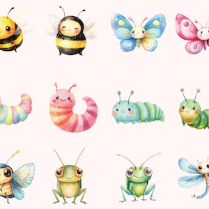 May include: A set of ten watercolor illustrations of various insects and bugs, including a bee, butterfly, caterpillar, and dragonfly. The illustrations are painted in bright, cheerful colors and are perfect for adding a touch of whimsy to any project.