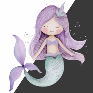 May include: A watercolor illustration of a purple-haired mermaid with a teal tail and a crown. The mermaid has her eyes closed and is smiling. The background is a split of white and black.