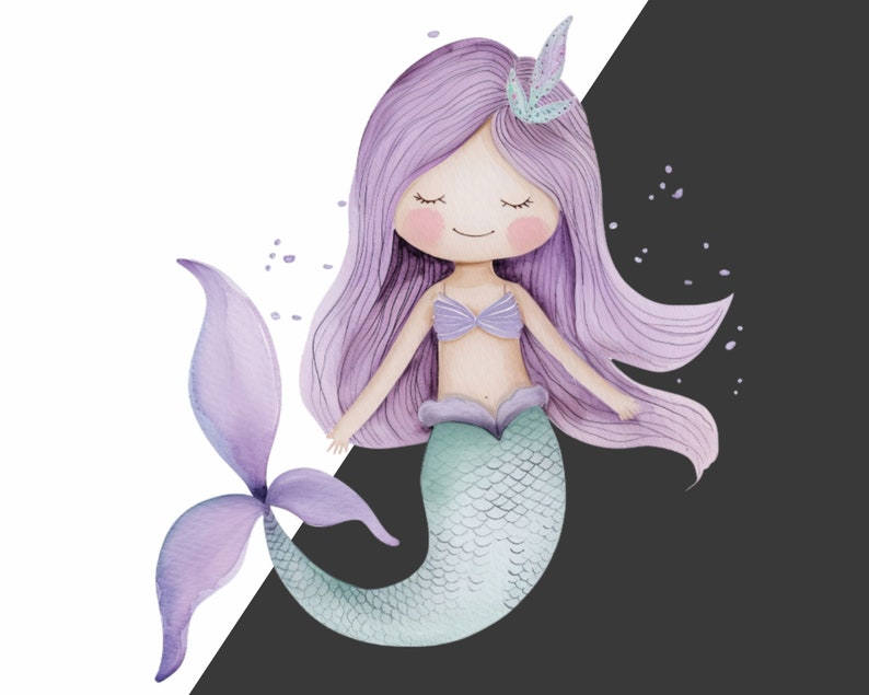 May include: A watercolor illustration of a purple-haired mermaid with a teal tail and a crown. The mermaid has her eyes closed and is smiling. The background is a split of white and black.