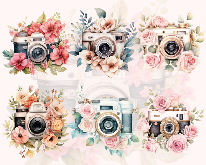 Vintage Floral Camera Clipart | Watercolor Camera | DSLR Camera Clipart | Camera T-shirt | Junk ...