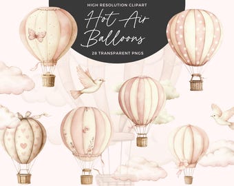 Acuarela globo aerostático Clipart rosa / globos aerostáticos rosas Png / gráficos de globos aerostáticos / baby shower clipart / decoración de guardería
