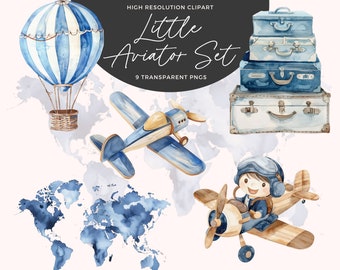 Aeroplane Clipart | Hot Air Balloon | Baby Shower Clipart | First Birthday Clipart | Nursery Art | Junk Journal | Paper Craft
