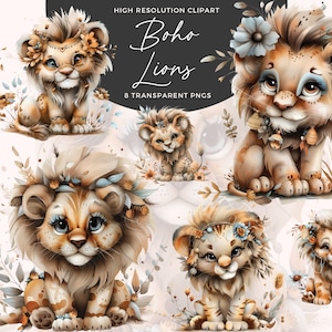 Lindo Boho León Clipart / León acuarela / Animal lindo / Baby Shower Clipart / Bebé acuarela Clipart / Decoración de animales de guardería