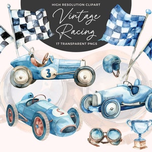 Aquarel vintage raceauto kinderkamer clipartset | Raceauto-clipart | Aquarel auto's blauw | Kinderkamerdecoratie | Babyshower | Afdrukbare kunst