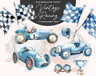 Aquarel vintage raceauto kinderkamer clipartset | Raceauto-clipart | Aquarel auto's blauw | Kinderkamerdecoratie | Babyshower | Afdrukbare kunst