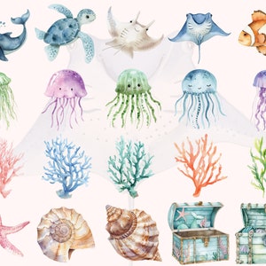 May include: Watercolor illustration of various sea creatures, including a whale, sea turtle, stingray, jellyfish, coral, seashells, and treasure chests. The illustration is in a light blue, pink, green, and orange color palette.