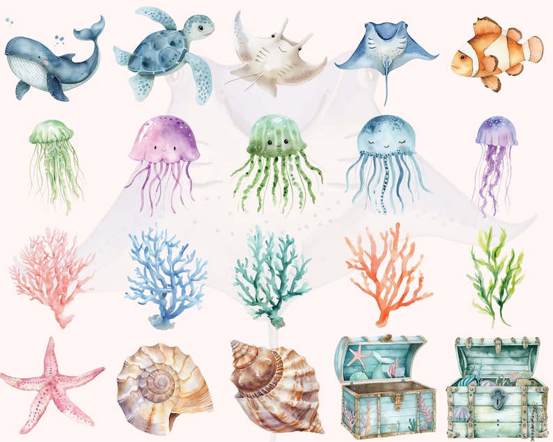 May include: Watercolor illustration of various sea creatures, including a whale, sea turtle, stingray, jellyfish, coral, seashells, and treasure chests. The illustration is in a light blue, pink, green, and orange color palette.