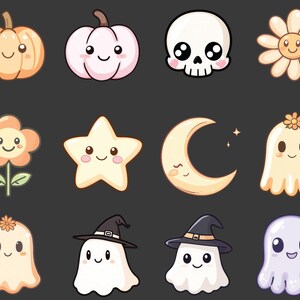 May include: A set of ten cute cartoon characters with different designs, including a pumpkin, a ghost, a star, a flower, and a crescent moon. Each character has a smiling face and is drawn in a simple, childlike style.