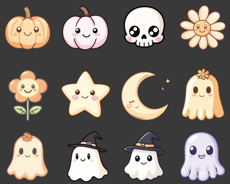 May include: A set of ten cute cartoon characters with different designs, including a pumpkin, a ghost, a star, a flower, and a crescent moon. Each character has a smiling face and is drawn in a simple, childlike style.
