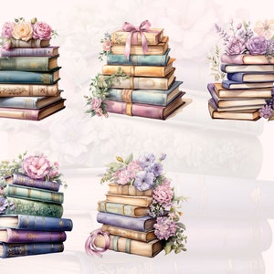Op de afbeelding: Vijf stapels vintage boeken met bloemmotieven. Elke stapel is versierd met een andere opstelling van roze, paarse en gele bloemen.