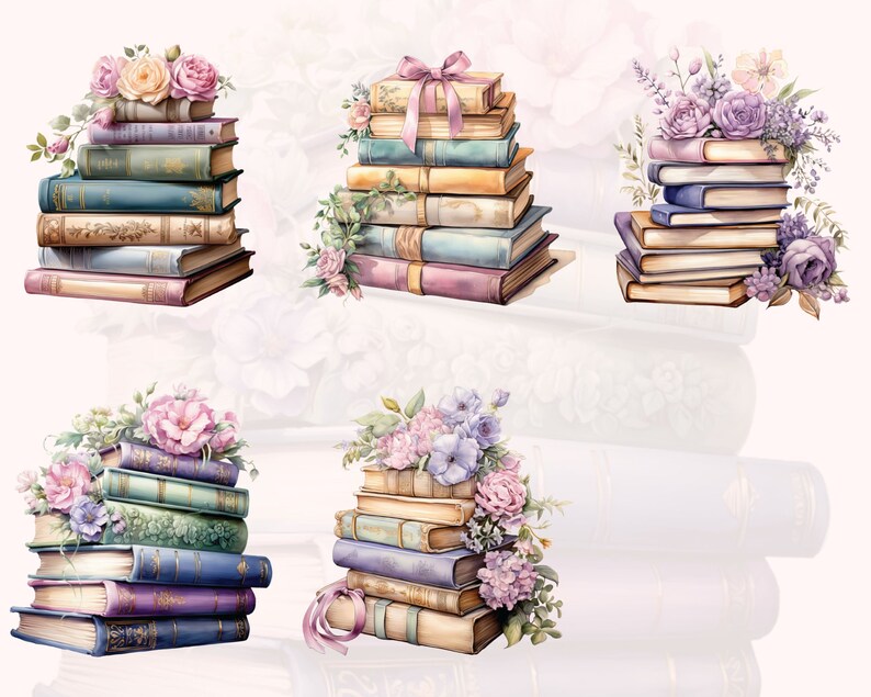 Op de afbeelding: Vijf stapels vintage boeken met bloemmotieven. Elke stapel is versierd met een andere opstelling van roze, paarse en gele bloemen.