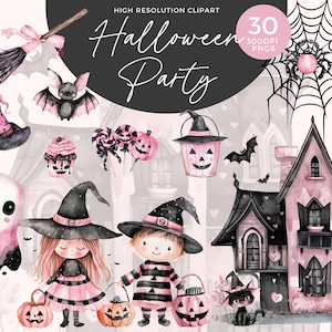 Clipart Halloween mignon | Clipart Halloween aquarelle | Clipart effrayant rose | Chat noir PNG | Des bonbons ou un sort | Décoration de fête d'Halloween