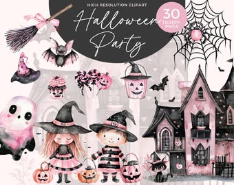 Cute Halloween Clipart | Watercolor Halloween Clipart | Pink Spooky Clipart | Black Cat PNG | Trick Or Treat | Halloween Party Decor
