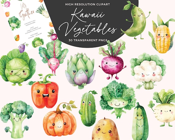 Kawaii Vegetable Clipart | Cute Food PNG Stickers (300DPI)