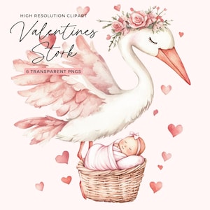 Valentine Baby Stork Clipart | Stork Baby Shower Clipart | Stork with Baby | Watercolor Stork | Nursery Decor | Junk Journal