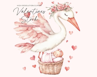 Valentine Baby Stork Clipart | Stork Baby Shower Clipart | Stork with Baby | Watercolor Stork | Nursery Decor | Junk Journal