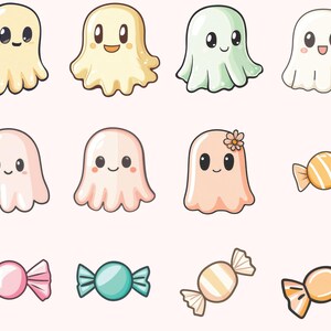 May include: A set of ten cartoon ghost illustrations with various colors and expressions. Some ghosts have flowers and candy. The candy is in the shape of a bow tie.