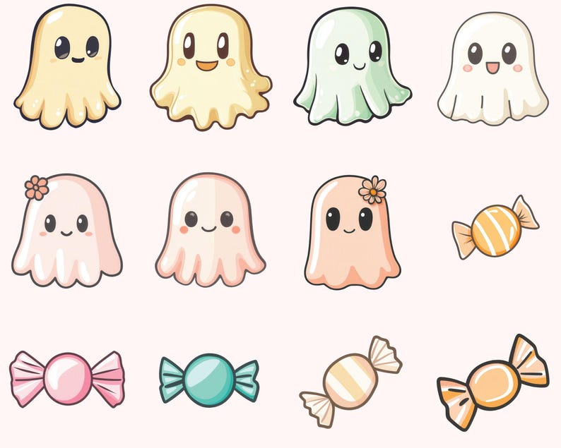 May include: A set of ten cartoon ghost illustrations with various colors and expressions. Some ghosts have flowers and candy. The candy is in the shape of a bow tie.