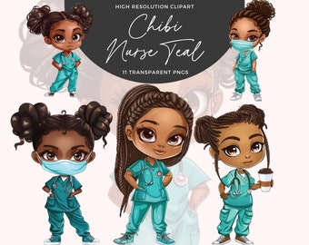 Chibi Nurse Clipart Bundle | Black Women Clipart | Health Care Clipart | Planner Clipart | Junk Journals | Digital Paper Craft