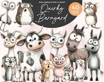 Animais de fazenda fofos e peculiares clipart | Animais de estimação fofos de caricatura | Animal peculiar | Fazenda fofa | Vaca caprichosa, porco, cabra, ovelha, galinha | Gráficos caprichosos