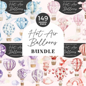 Aquarell Heißluftballon Clipart Bundle | Heißluftballons Png | Heißluftballon Grafiken | Babyparty Clipart | Kinderzimmer Dekor