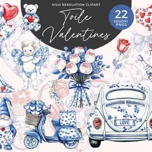 Chinoiserie Valentines Clipart | Valentines Toile Clipart | Blue Toile Clipart Romantic Love Hearts Cuteness | Digital Stickers