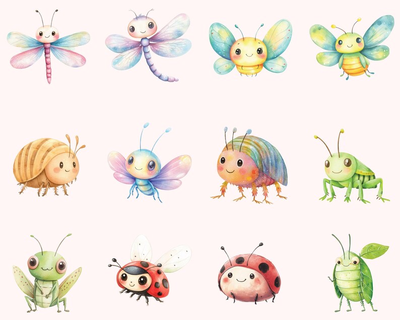 May include: A set of ten watercolor illustrations of various insects, including butterflies, dragonflies, ladybugs, and grasshoppers. The insects are depicted in a whimsical style with bright colors and playful expressions.